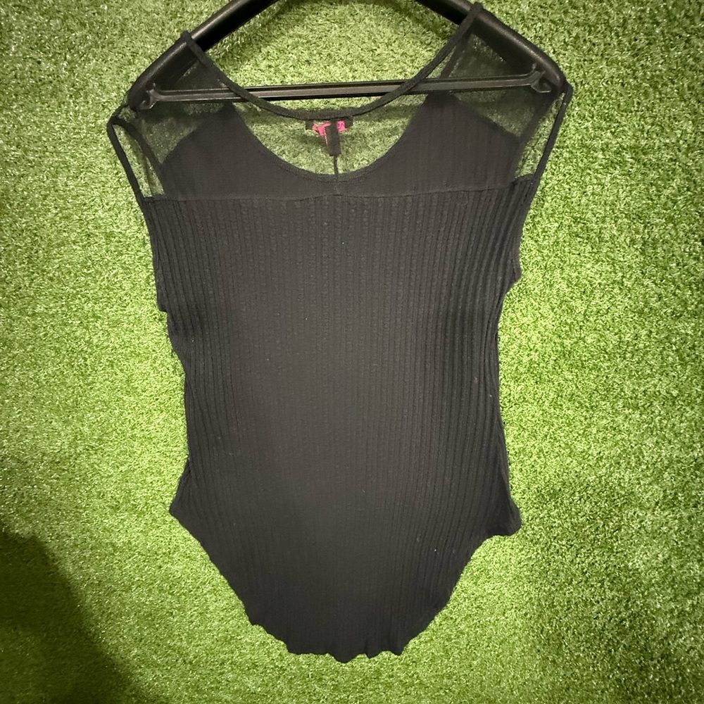 Material Girl Black Ribbed high-low 100% cotton sheer mesh shoulder round neck,
